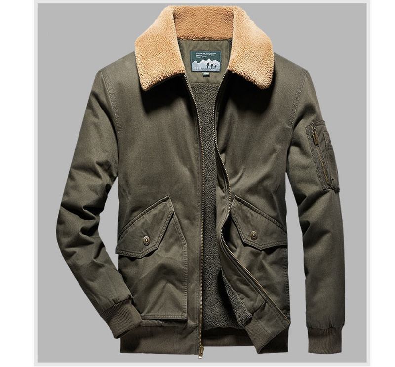 Winter-bomberjacke Für Herren Lässige Oberbekleidung Für Fleece Pelzkragen Warme Mäntel Retro - Khaki