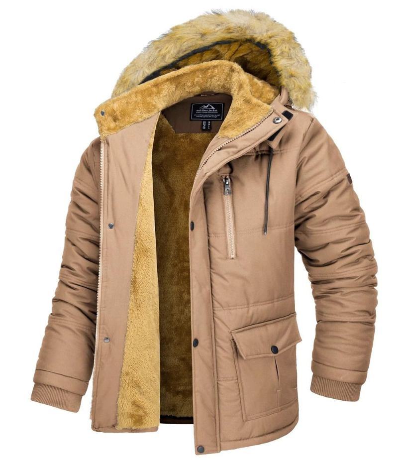 Winter-fleecefutter Ski-/snowboardjacken Kapuzenmäntel Für Herren Abnehmbare Kapuze Wandern Parka Lässige Windjacke Oberbekleidung - Schwarz