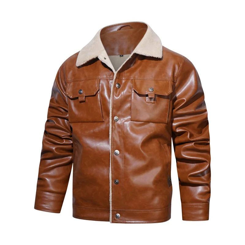 Winter Herren Lederjacken Thermo Dicker Mantel Fleecejacke Motorrad Oberbekleidung Herrenbekleidung - Beige