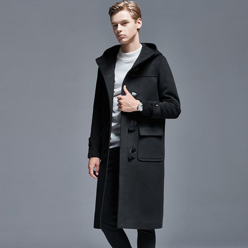 Winter Herren Wollmantel Mit Hornknöpfen Lang Über Dem Knie Lockere Wolljacke Kapuzen-trenchcoat Dicke Herrenmäntel Und -jacken - Schwarz