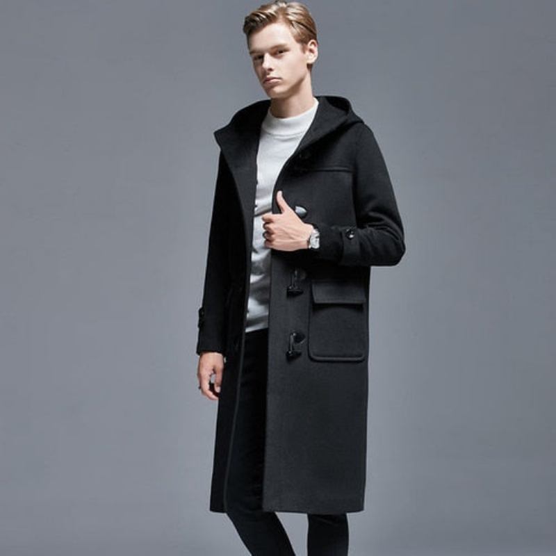 Winter Herren Wollmantel Mit Hornknöpfen Lang Über Dem Knie Lockere Wolljacke Kapuzen-trenchcoat Dicke Herrenmäntel Und -jacken - Schwarz