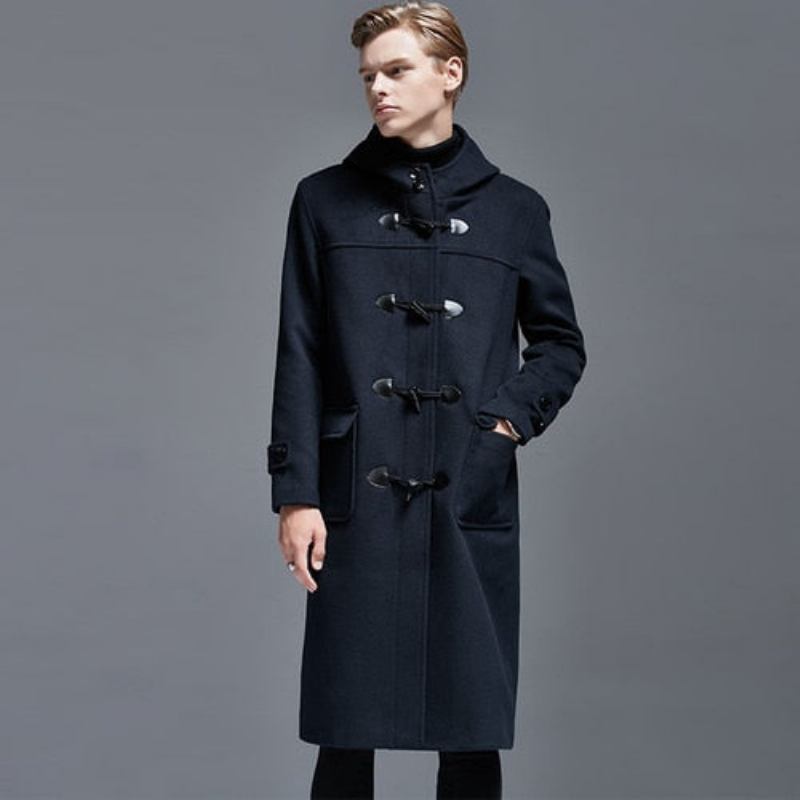 Winter Herren Wollmantel Mit Hornknöpfen Lang Über Dem Knie Lockere Wolljacke Kapuzen-trenchcoat Dicke Herrenmäntel Und -jacken - Schwarz