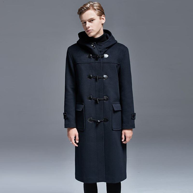 Winter Herren Wollmantel Mit Hornknöpfen Lang Über Dem Knie Lockere Wolljacke Kapuzen-trenchcoat Dicke Herrenmäntel Und -jacken - Schwarz