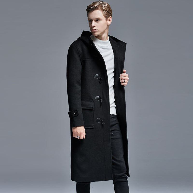 Winter Herren Wollmantel Mit Hornknöpfen Lang Über Dem Knie Lockere Wolljacke Kapuzen-trenchcoat Dicke Herrenmäntel Und -jacken - Schwarz