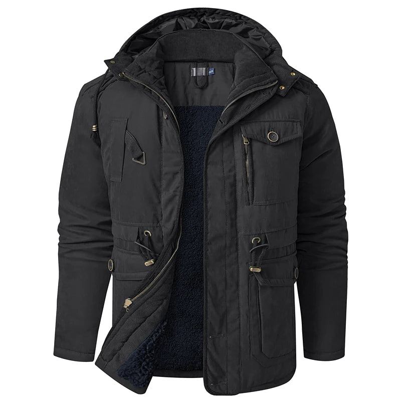 Winter-herrenjacke Große Daunenjacke Mit Kapuze Lässige Mittellange Jacke - Schwarz