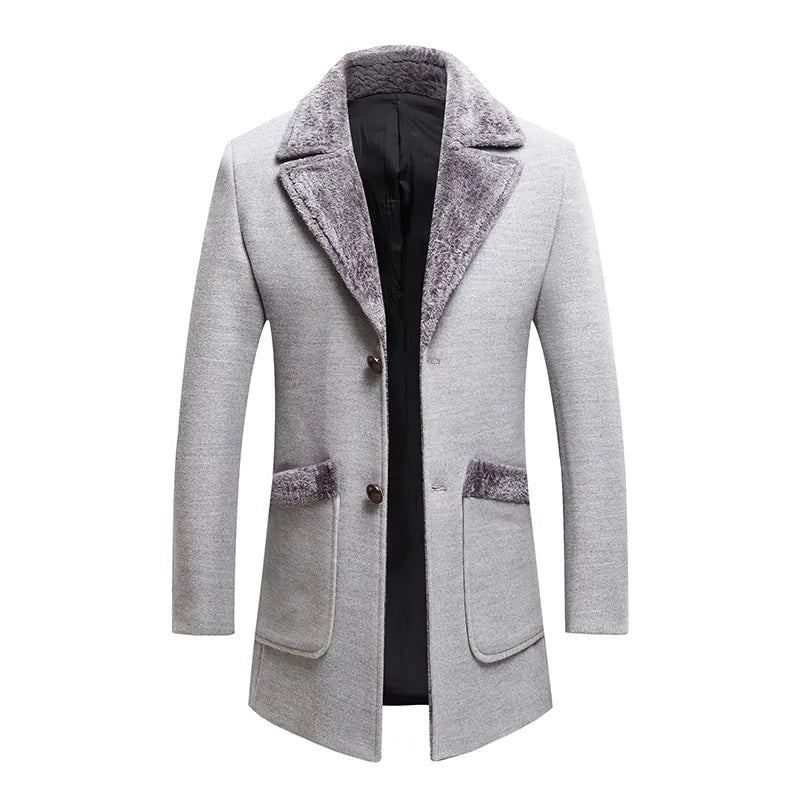 Winter Hochwertige Boutique Dicke Warme Herren Lässiger Business-wollmantel Schmale Lange Jacke - Schwarz