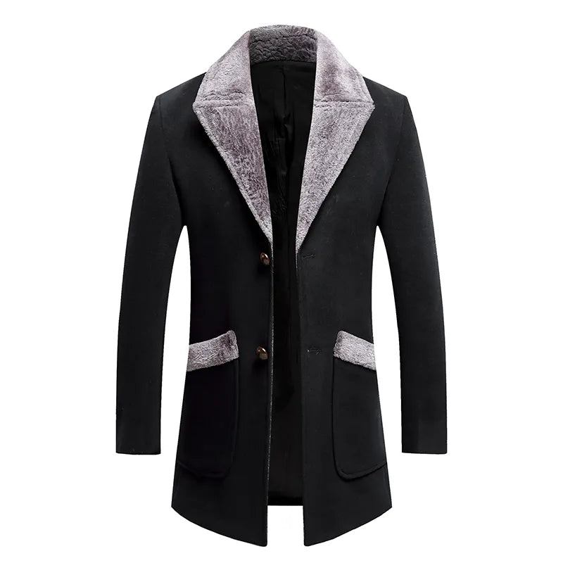 Winter Hochwertige Boutique Dicke Warme Herren Lässiger Business-wollmantel Schmale Lange Jacke - Schwarz