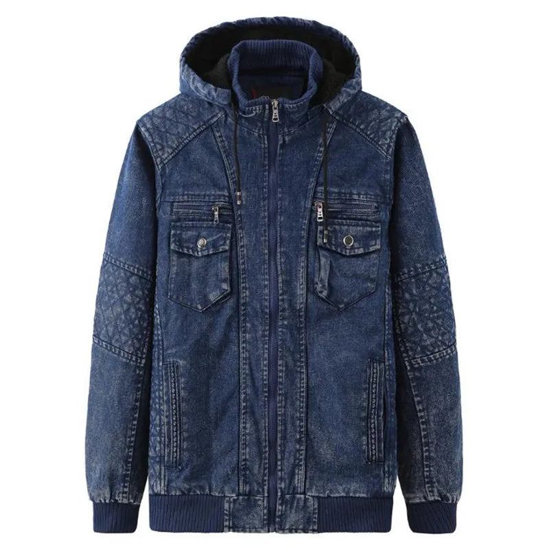 Winter Jeansjacke Plus Samt Warm Solide Dicke Freizeitjacke Herren Baumwolle Warmer Mantel Mit Kapuze - Blau