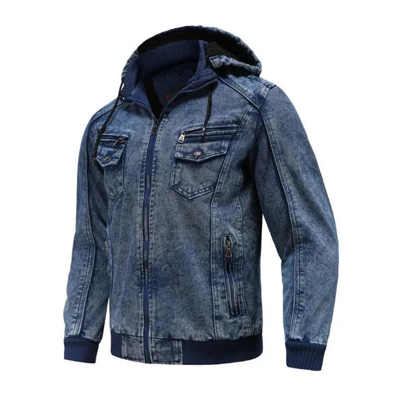 Winter Jeansjacke Plus Samt Warm Solide Dicke Freizeitjacke Herren Baumwolle Warmer Mantel Mit Kapuze - Blau