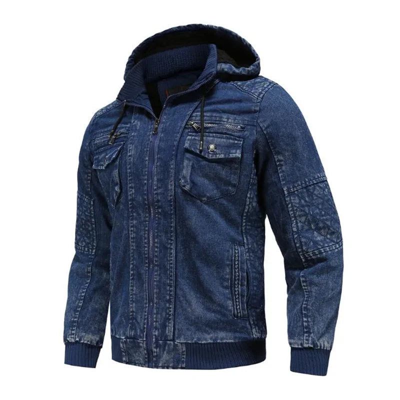 Winter Jeansjacke Plus Samt Warm Solide Dicke Freizeitjacke Herren Baumwolle Warmer Mantel Mit Kapuze - Blau