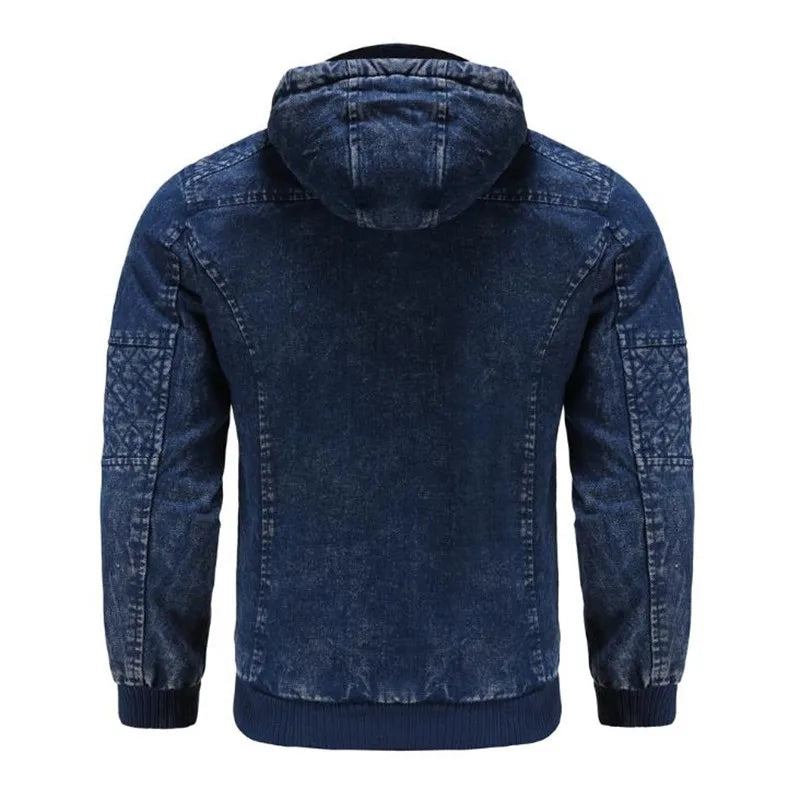 Winter Jeansjacke Plus Samt Warm Solide Dicke Freizeitjacke Herren Baumwolle Warmer Mantel Mit Kapuze - Blau