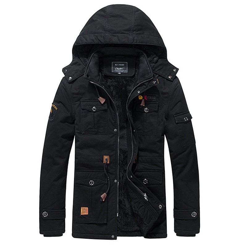 Winter-militär-thermojacke Für Herren Lässig Dick Warm Armee-piloten-parkas Mäntel Mehrere Taschen Oberbekleidung Fleece Bomberjacke Mit Kapuze - Schwarz