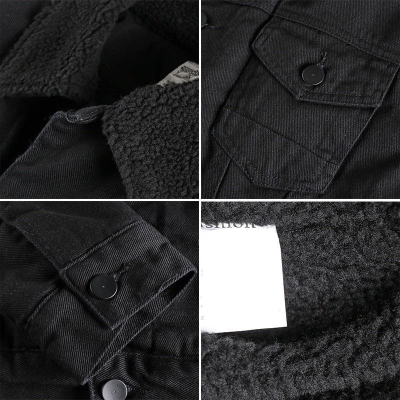 Winter Plüsch Verdickt Jeansjacke Für Herren Mit Revers Wattierter Baumwollmantel Schmal Schwarz Warm Baumwolle - Schwarz