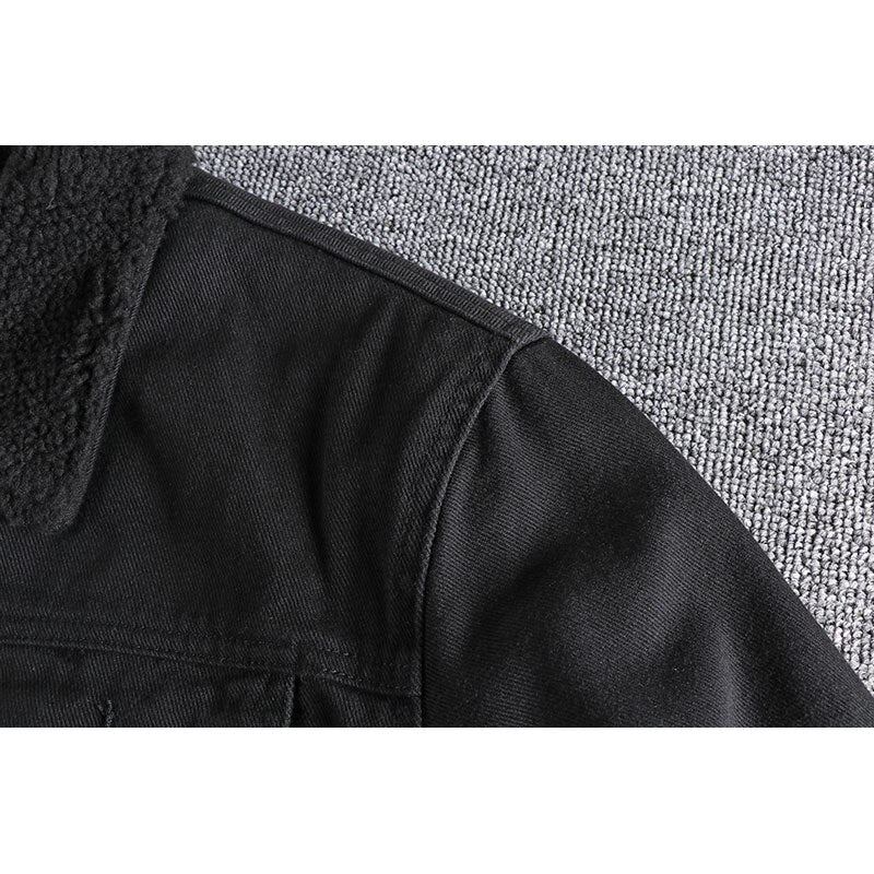 Winter Plüsch Verdickt Jeansjacke Für Herren Mit Revers Wattierter Baumwollmantel Schmal Schwarz Warm Baumwolle - Schwarz