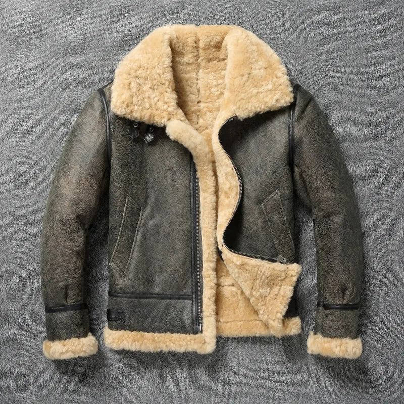 Winter Warme Dicke Wolllederjacke Für Herren Echtes Fell Natürliches Lammfell. Gut Aussehend Trendiges Business Herbst Und Doppelseitig Jacke Aus Wolle Und Baumwolle - Grau