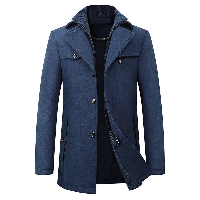 Winter-windjacke Aus Wolle Für Herren Einfarbiger Trenchcoat Schmale Passform Business-freizeit-wollmantel-mischgewebe - Schwarz