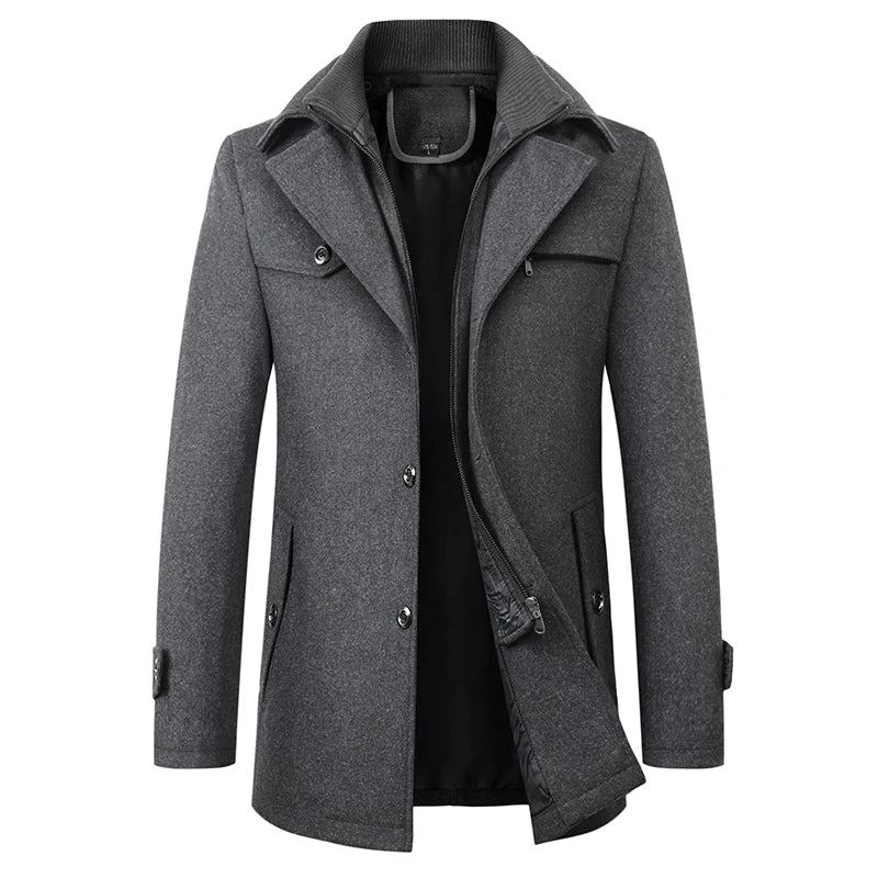 Winter-windjacke Aus Wolle Für Herren Einfarbiger Trenchcoat Schmale Passform Business-freizeit-wollmantel-mischgewebe - Schwarz