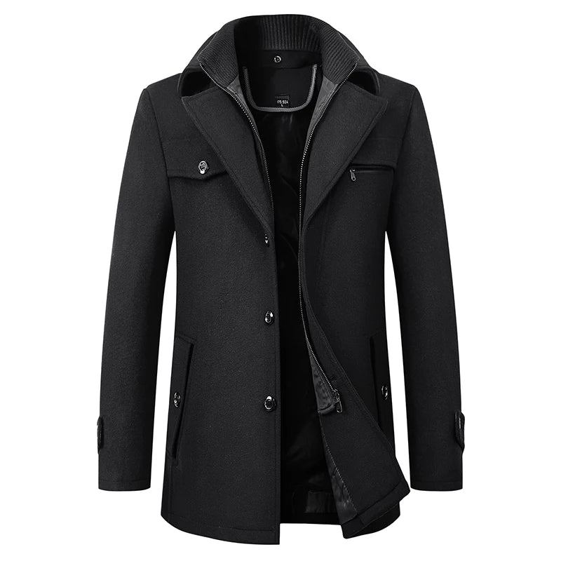 Winter-windjacke Aus Wolle Für Herren Einfarbiger Trenchcoat Schmale Passform Business-freizeit-wollmantel-mischgewebe - Schwarz