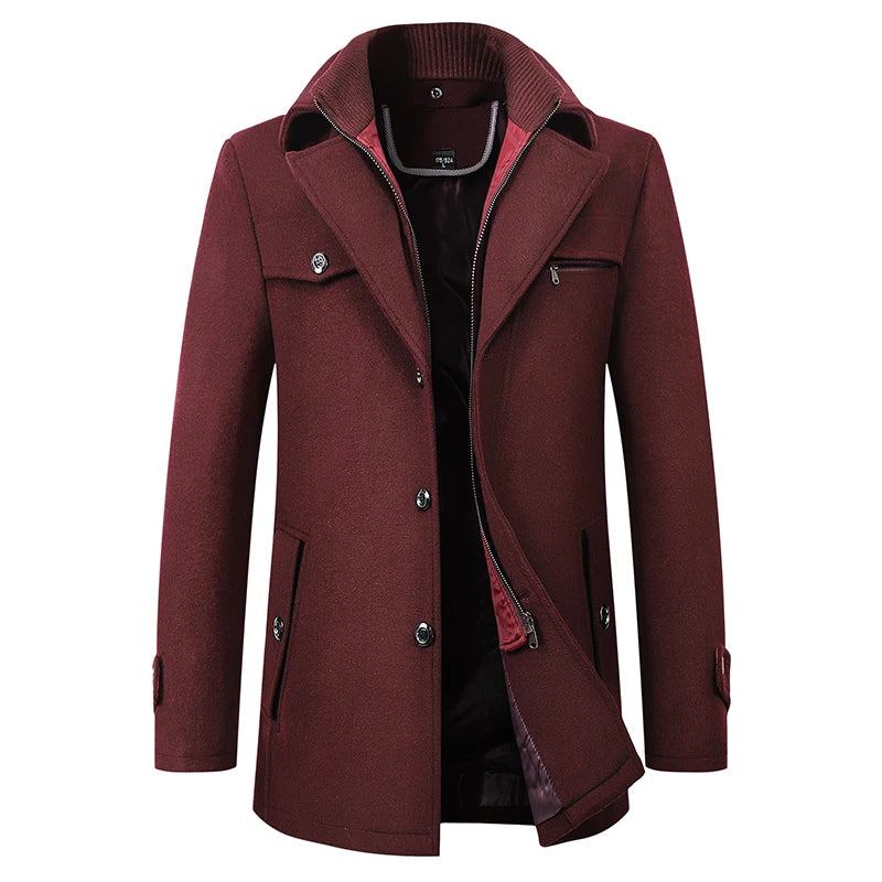 Winter-windjacke Aus Wolle Für Herren Einfarbiger Trenchcoat Schmale Passform Business-freizeit-wollmantel-mischgewebe - Schwarz