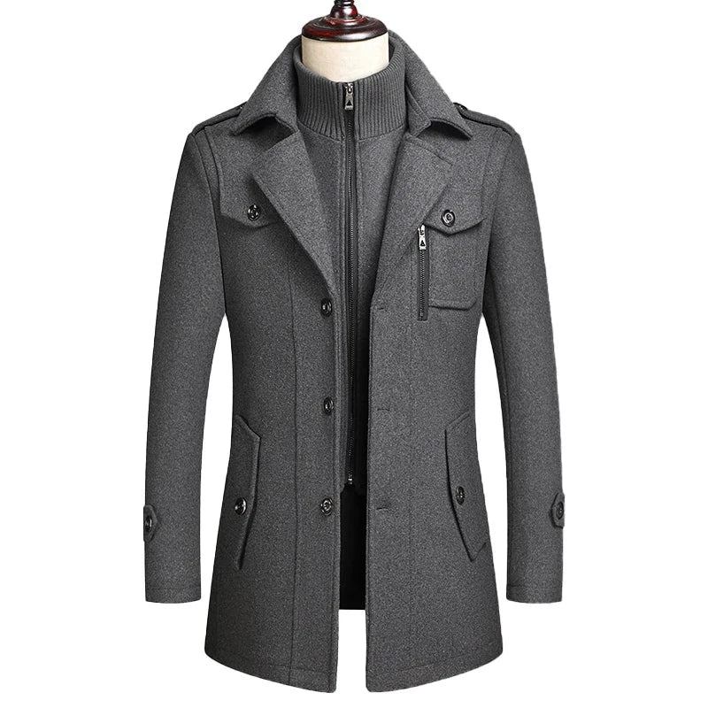 Winter-wollmantel Für Herren Jacke Mit Mittellangem Schalkragen Baumwollgefüttert Dicker Warmer Wollmantel Trenchcoat Für - Schwarz