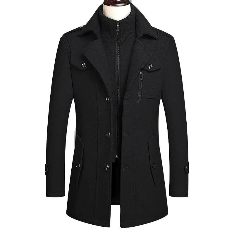 Winter-wollmantel Für Herren Jacke Mit Mittellangem Schalkragen Baumwollgefüttert Dicker Warmer Wollmantel Trenchcoat Für - Schwarz