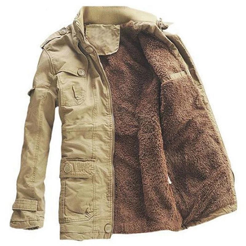 Winterjacke Herren Casual Dicker Samt Warme Jacken Parkas Baumwolle Windjacke Armee Kapuzenjacke Langer Trenchcoat - Khaki