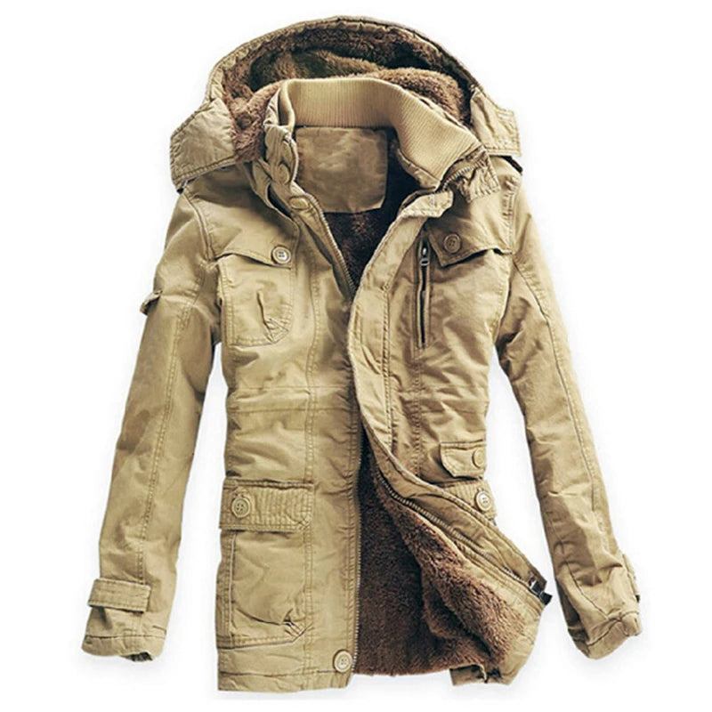 Winterjacke Herren Casual Dicker Samt Warme Jacken Parkas Baumwolle Windjacke Armee Kapuzenjacke Langer Trenchcoat - Khaki