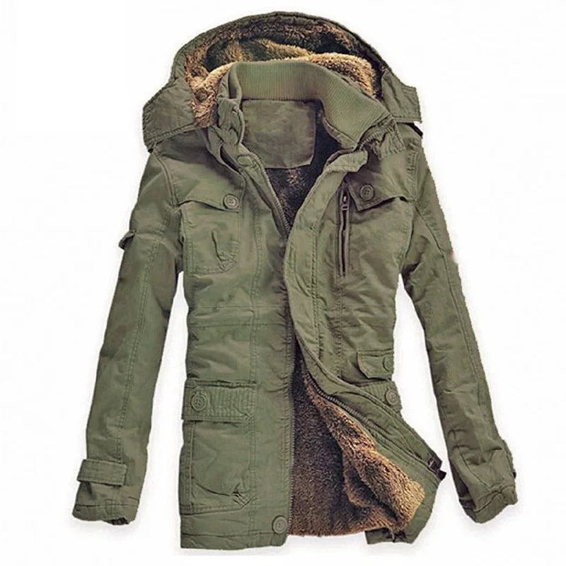 Winterjacke Herren Casual Dicker Samt Warme Jacken Parkas Baumwolle Windjacke Armee Kapuzenjacke Langer Trenchcoat - Khaki