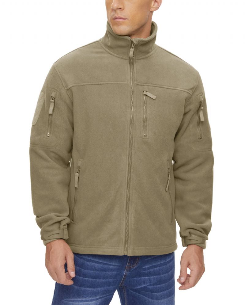 Winterwarme Arbeitsmäntel Für Herren Durchgehender Reißverschluss Taktische Fleecejacke Outdoor Wandern Armee Sicherheitstraining Mit Reißverschlusstasche - Beige