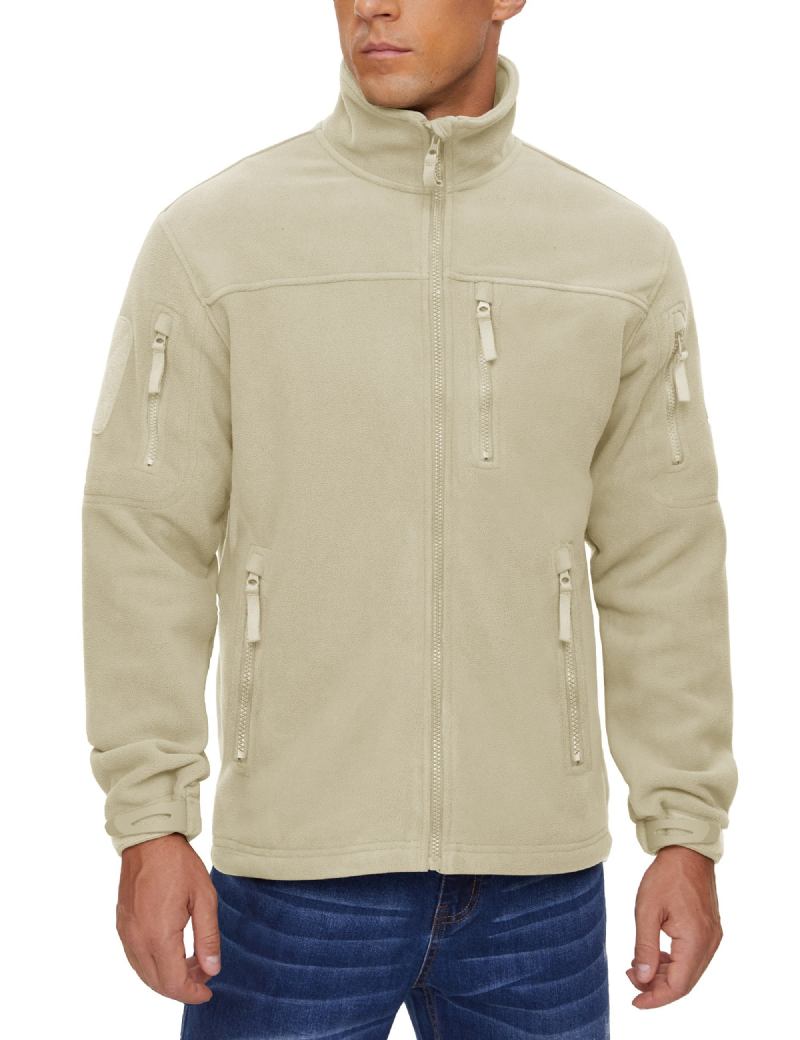 Winterwarme Arbeitsmäntel Für Herren Durchgehender Reißverschluss Taktische Fleecejacke Outdoor Wandern Armee Sicherheitstraining Mit Reißverschlusstasche - Beige