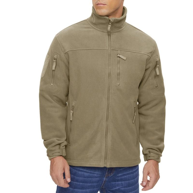 Winterwarme Arbeitsmäntel Für Herren Durchgehender Reißverschluss Taktische Fleecejacke Outdoor Wandern Armee Sicherheitstraining Mit Reißverschlusstasche - Beige