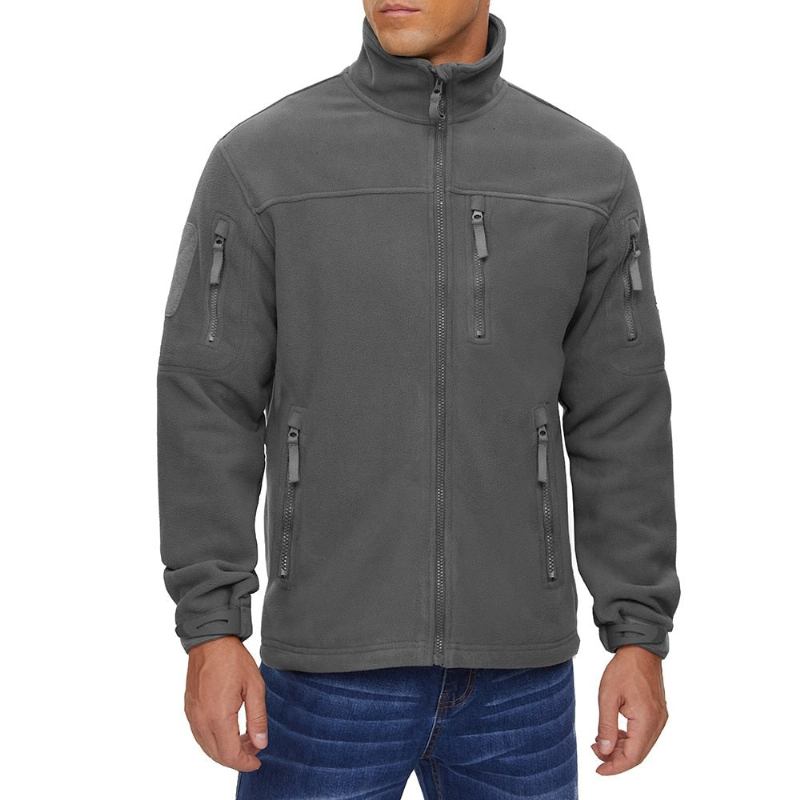 Winterwarme Arbeitsmäntel Für Herren Durchgehender Reißverschluss Taktische Fleecejacke Outdoor Wandern Armee Sicherheitstraining Mit Reißverschlusstasche - Beige