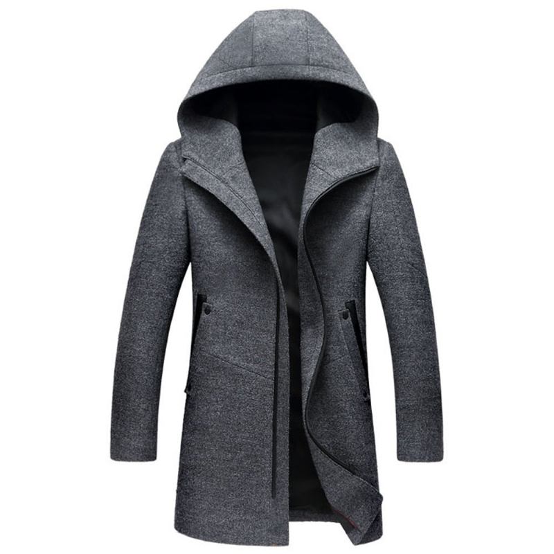 Winterwollmantel Für Herren Wolljacke Für Hochwertig Mit Kapuze - Schwarz