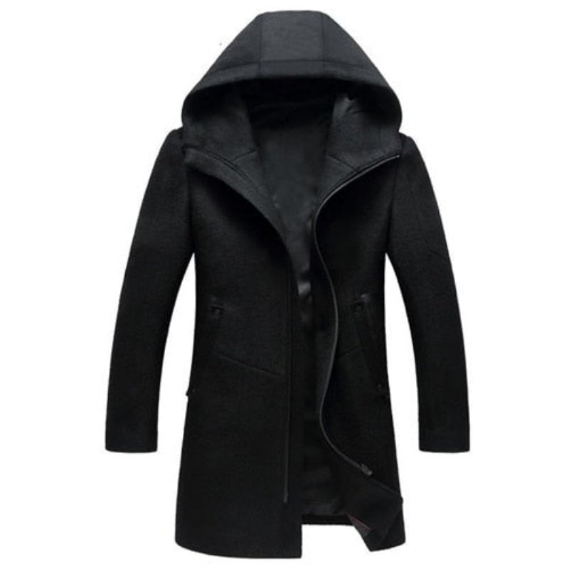 Winterwollmantel Für Herren Wolljacke Für Hochwertig Mit Kapuze - Schwarz