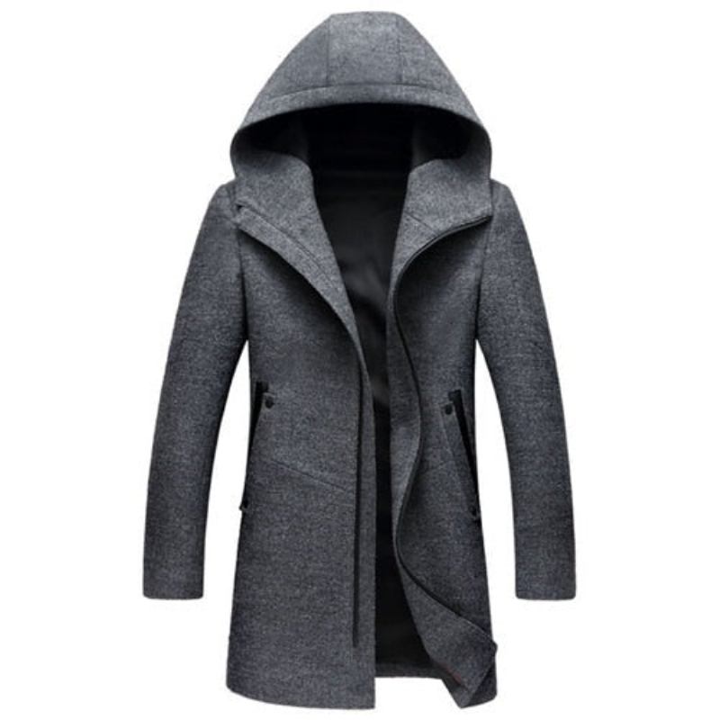 Winterwollmantel Für Herren Wolljacke Für Hochwertig Mit Kapuze - Schwarz