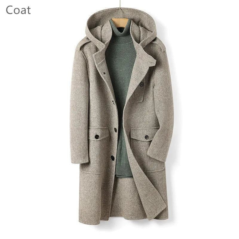 Wolle Doppelseitiger Wollmantel Herren Langer Kapuzen-einreihiger Winter-trenchcoat Kamel - Grau