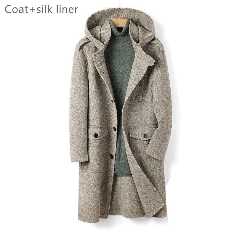 Wolle Doppelseitiger Wollmantel Herren Langer Kapuzen-einreihiger Winter-trenchcoat Kamel - Grau