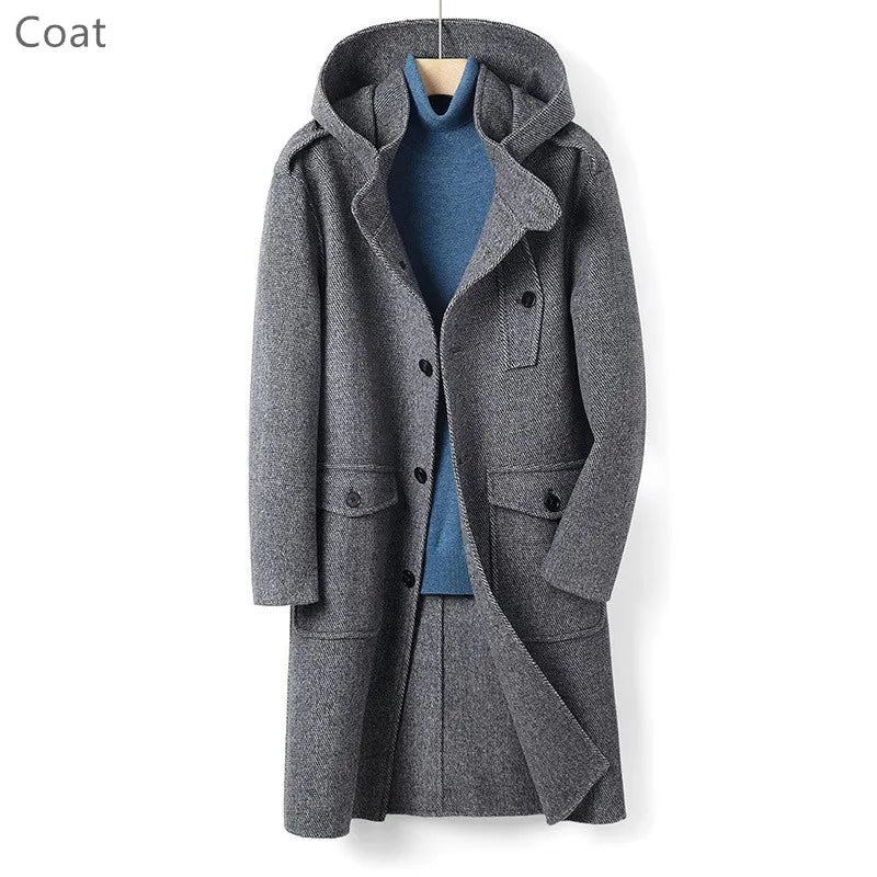 Wolle Doppelseitiger Wollmantel Herren Langer Kapuzen-einreihiger Winter-trenchcoat Kamel - Grau