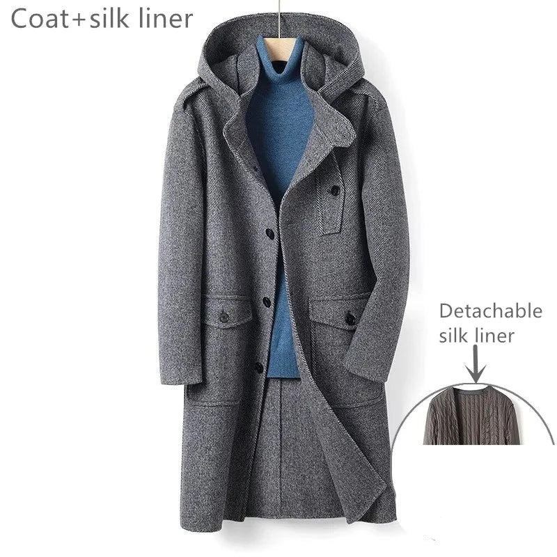 Wolle Doppelseitiger Wollmantel Herren Langer Kapuzen-einreihiger Winter-trenchcoat Kamel - Grau