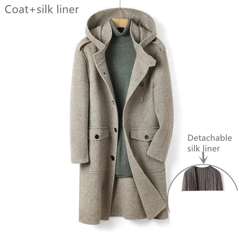 Wolle Doppelseitiger Wollmantel Herren Langer Kapuzen-einreihiger Winter-trenchcoat Kamel - Grau