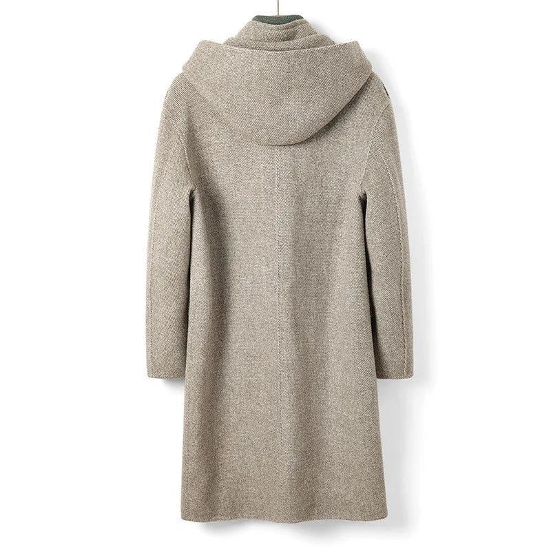 Wolle Doppelseitiger Wollmantel Herren Langer Kapuzen-einreihiger Winter-trenchcoat Kamel - Grau