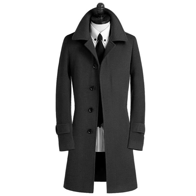 Wollmantel Lässig Herren Hochwertige Winter Slim Jacke Einreihiger Mantel - Schwarz