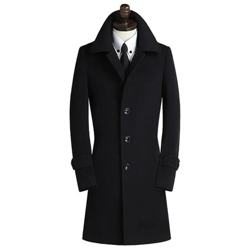 Wollmantel Lässig Herren Hochwertige Winter Slim Jacke Einreihiger Mantel - Schwarz