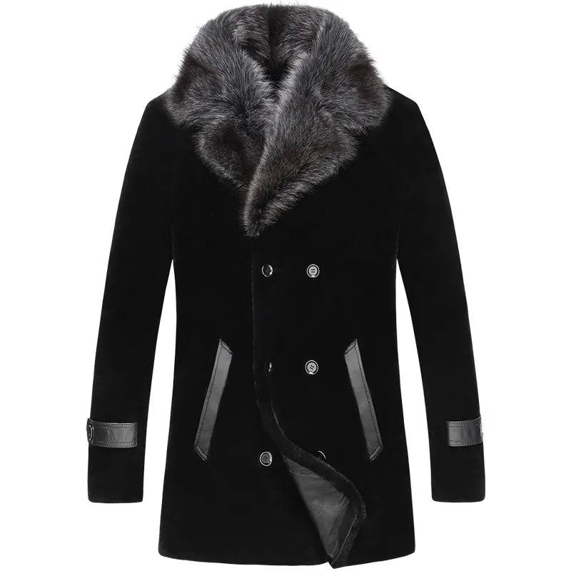 Wollmantel Schafspelzmantel Winterjacke Herren Waschbärpelzkragen Lange Mäntel Herrenjacke - Schwarz