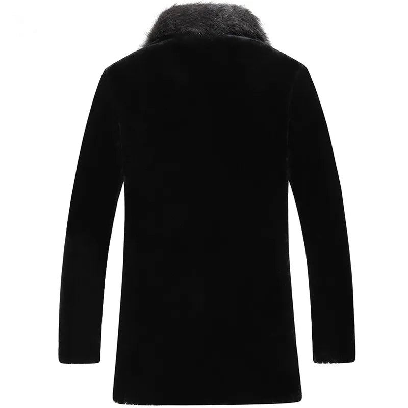 Wollmantel Schafspelzmantel Winterjacke Herren Waschbärpelzkragen Lange Mäntel Herrenjacke - Schwarz