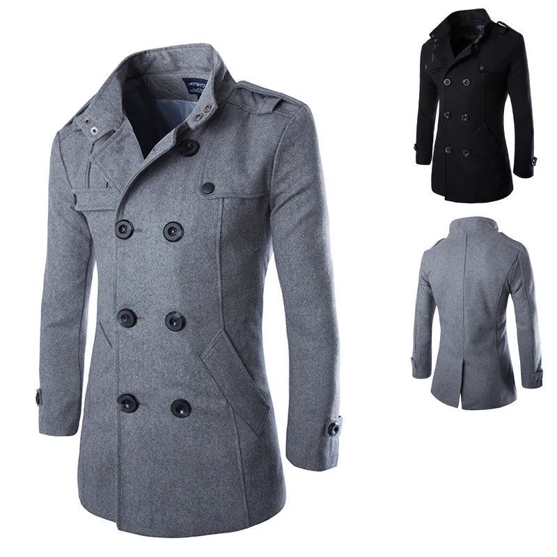 Zweireihige Trenchcoats Für Herren Winterjacken Aus Mischgewebe Warmer Mantel Mittellange Business-freizeitjacke Für - Schwarz