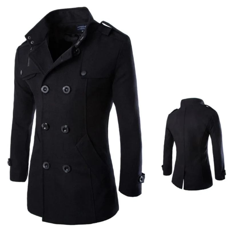 Zweireihige Trenchcoats Für Herren Winterjacken Aus Mischgewebe Warmer Mantel Mittellange Business-freizeitjacke Für - Schwarz