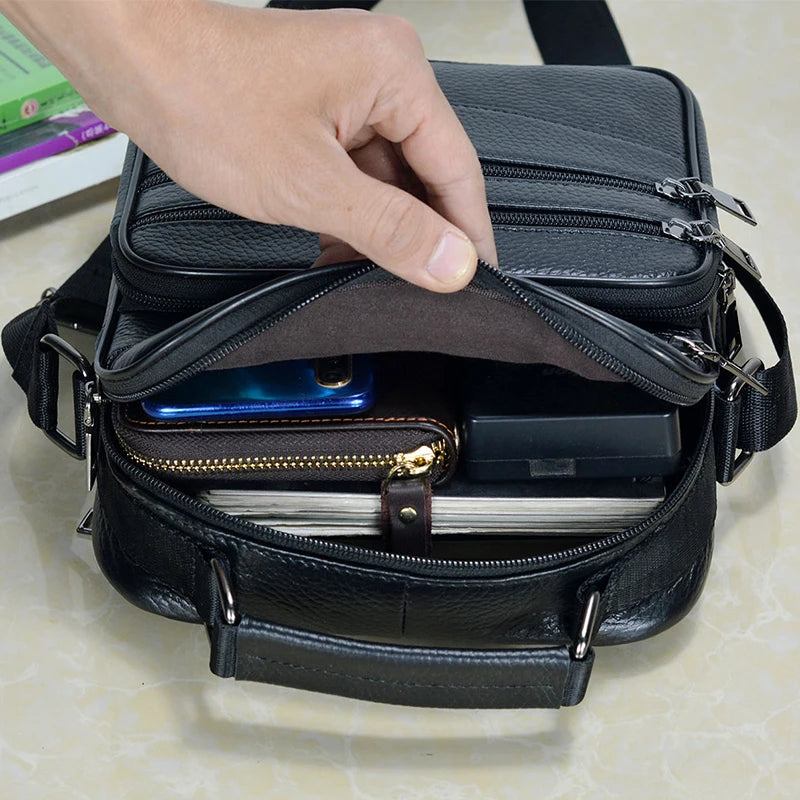 Aktentaschen Aus Echtem Leder Für Herren Lederhandtaschen Messenger-taschen Für Mit Reißverschluss - Schwarz