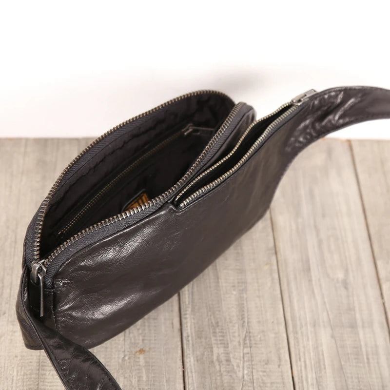 Echtes Leder Handgefertigte Mini-hüfttasche Handtasche - Schwarz