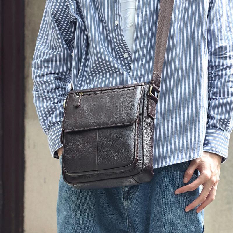 Echtes Leder Herren Vintage Handtaschen Klappe Schultertaschen Lässige Messenger Bags Umhängetasche - Kaffee